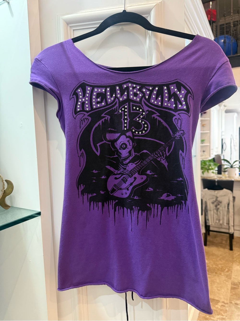 Purple Graphic Women’s Tee with Skull Guitar Print - Picture 2 of 6